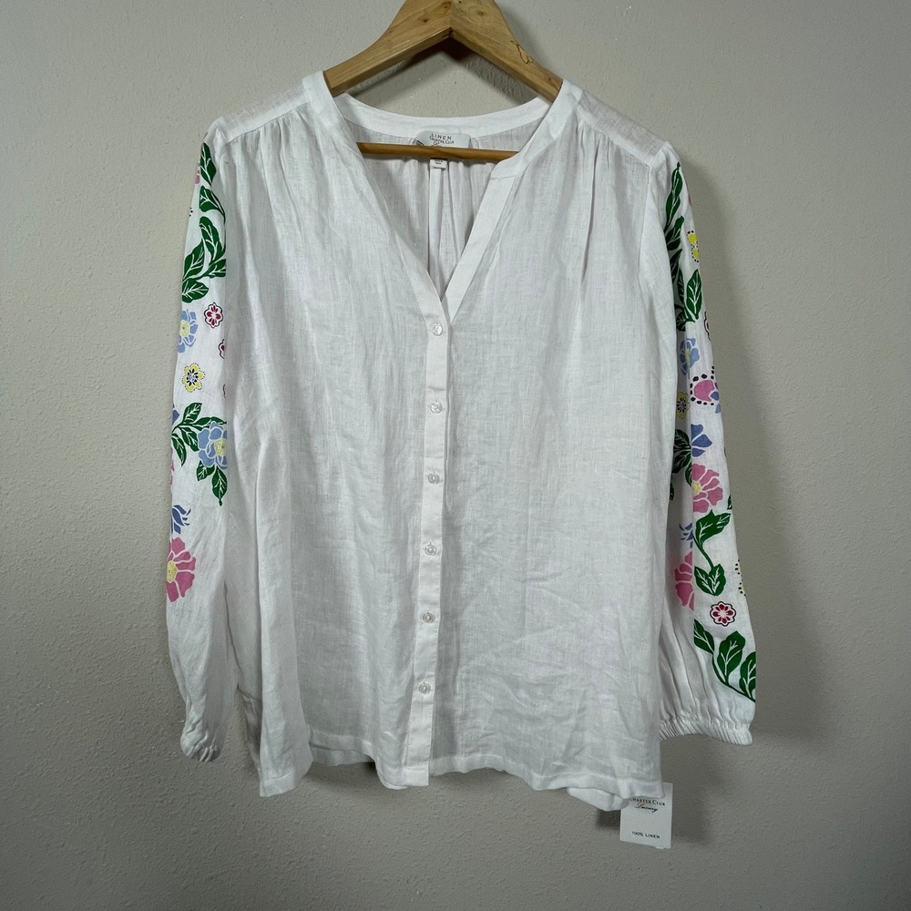 Charter Club Luxury Linen Blouse Womens XL White Floral Cottagecore Boho Coastal